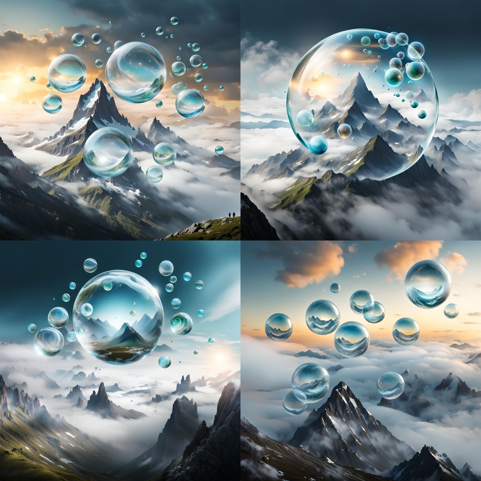Ethereal Glass Orbs Ascend to Sky Mountain