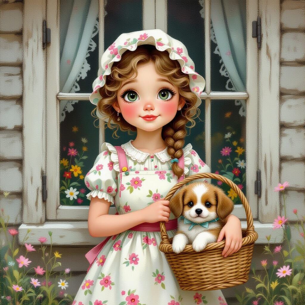 Whimsical Country Girl in Floral Dress with Puppy