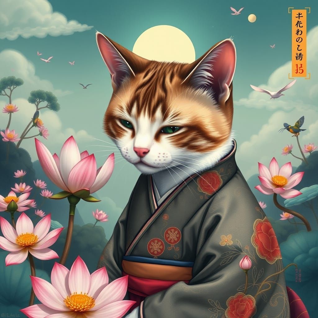 Cat in Japanese Clothing Sniffing Lotus Flower