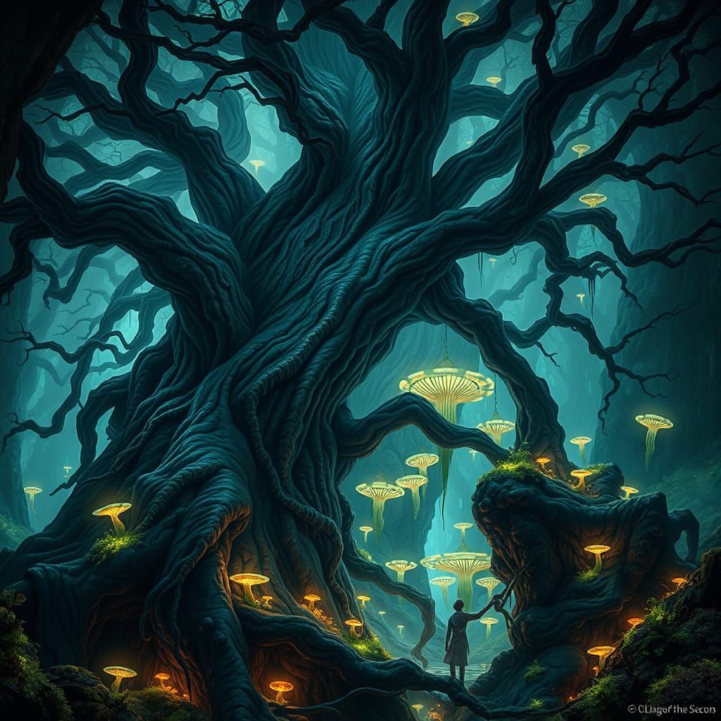 Ancient Tree in Dreamlike Subterranean Forest