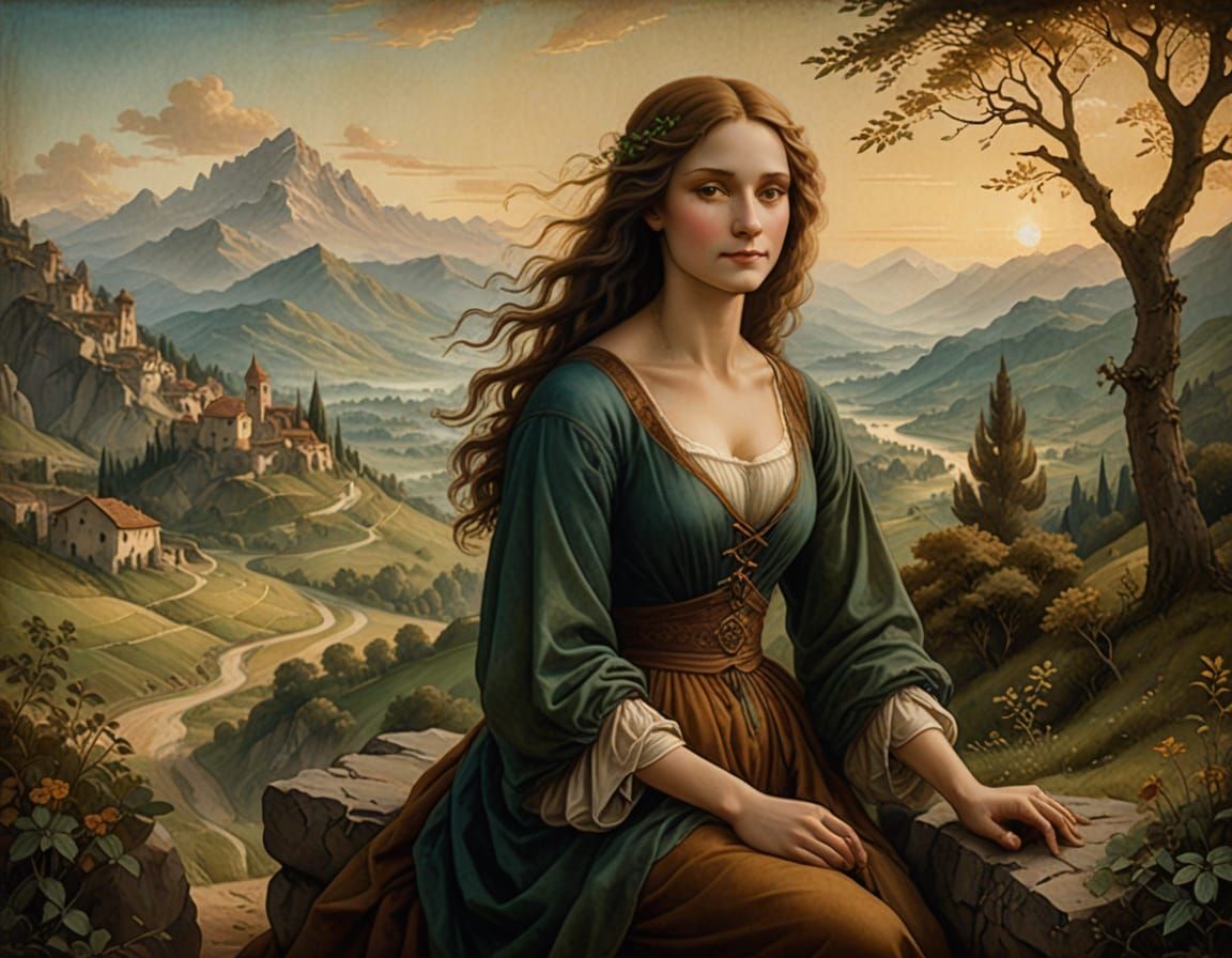Serene Renaissance Woman in a Soft Landscape
