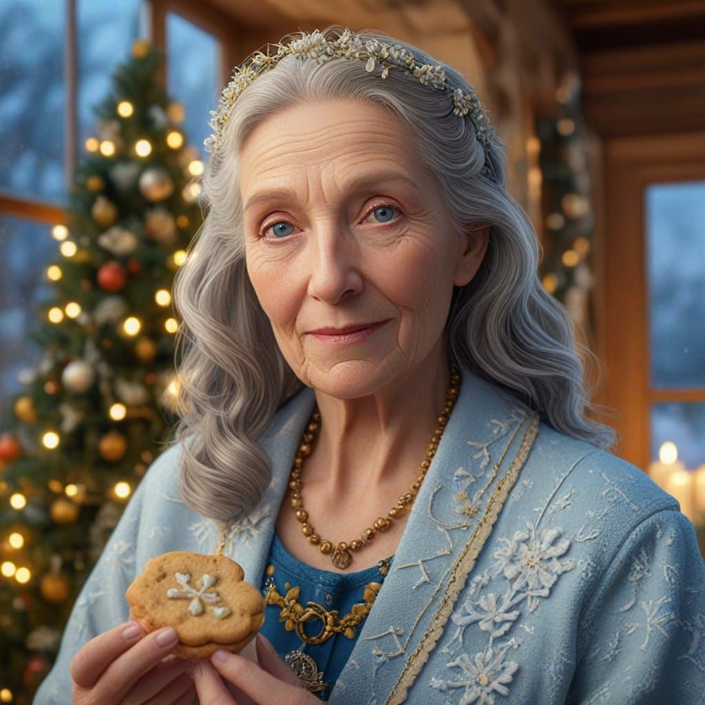 Kind Elderly Woman in Santa Robes with Christmas Cookies