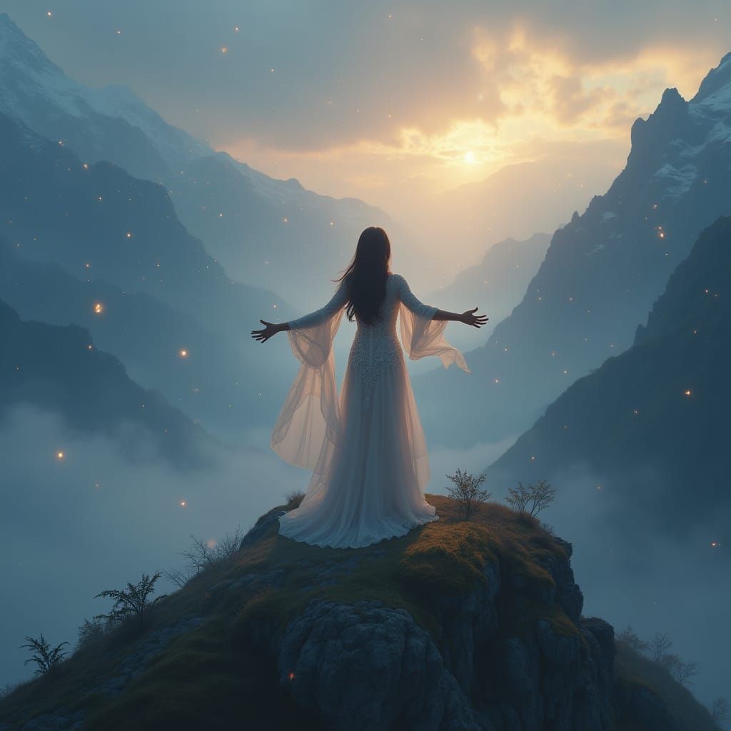 Ethereal Singer on Misty Peak: Fantasy Concept Art