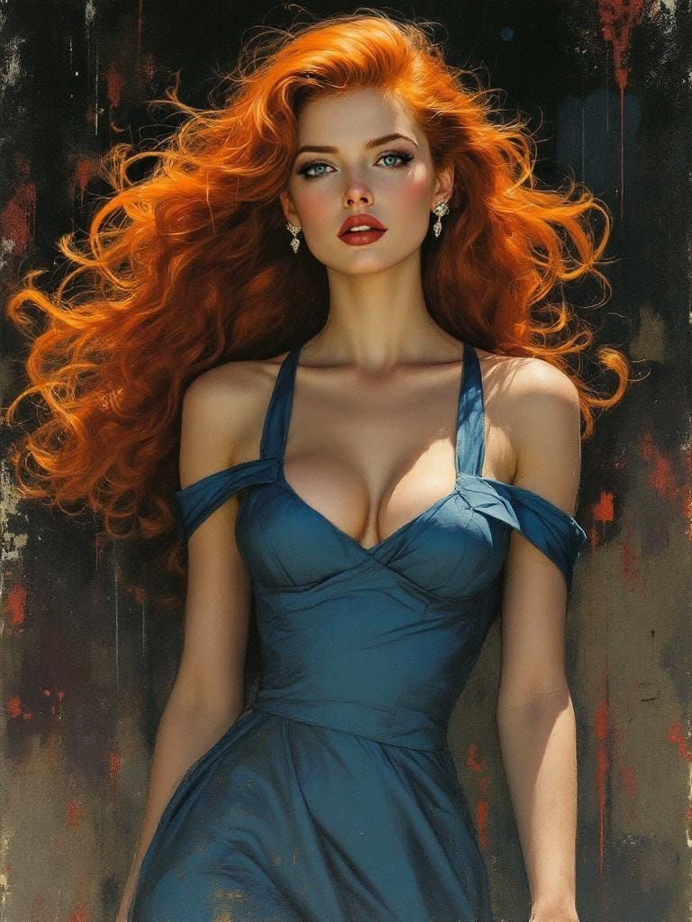 Pin-Up Woman with Red Hair in Impasto Style