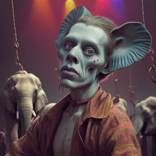 Hyperrealistic Sideshow Spectacle with Elephant Man