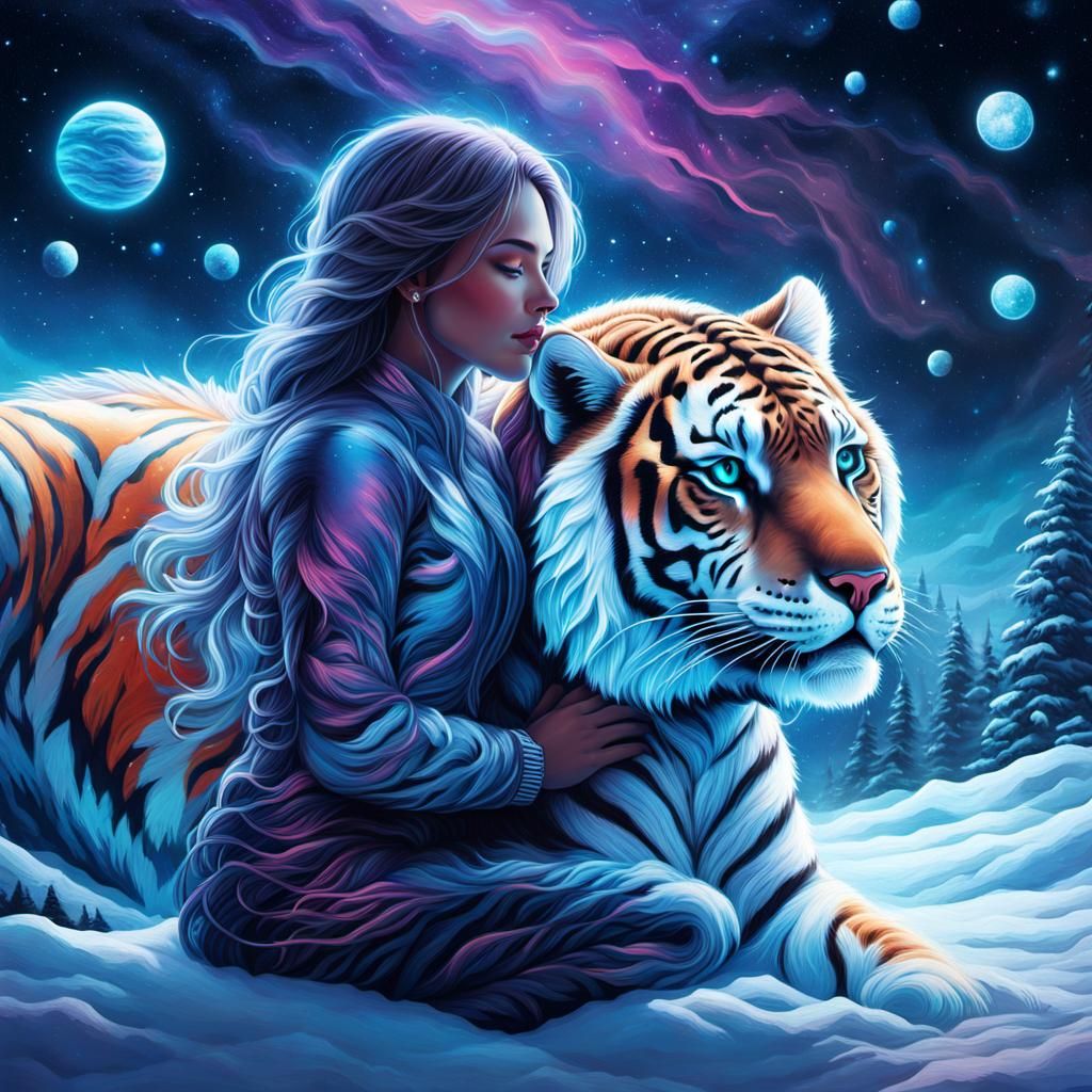 Glass Neural Woman Cuddling Tiger on Kinetic Display