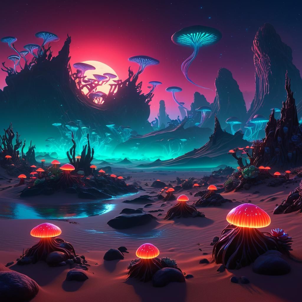 Bioluminescent Creatures Hunt on Alien Desert Planet