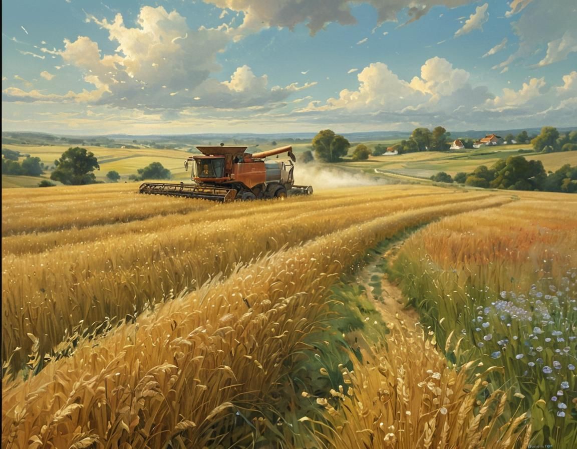 Watercolor Combine Harvester in Golden Fields