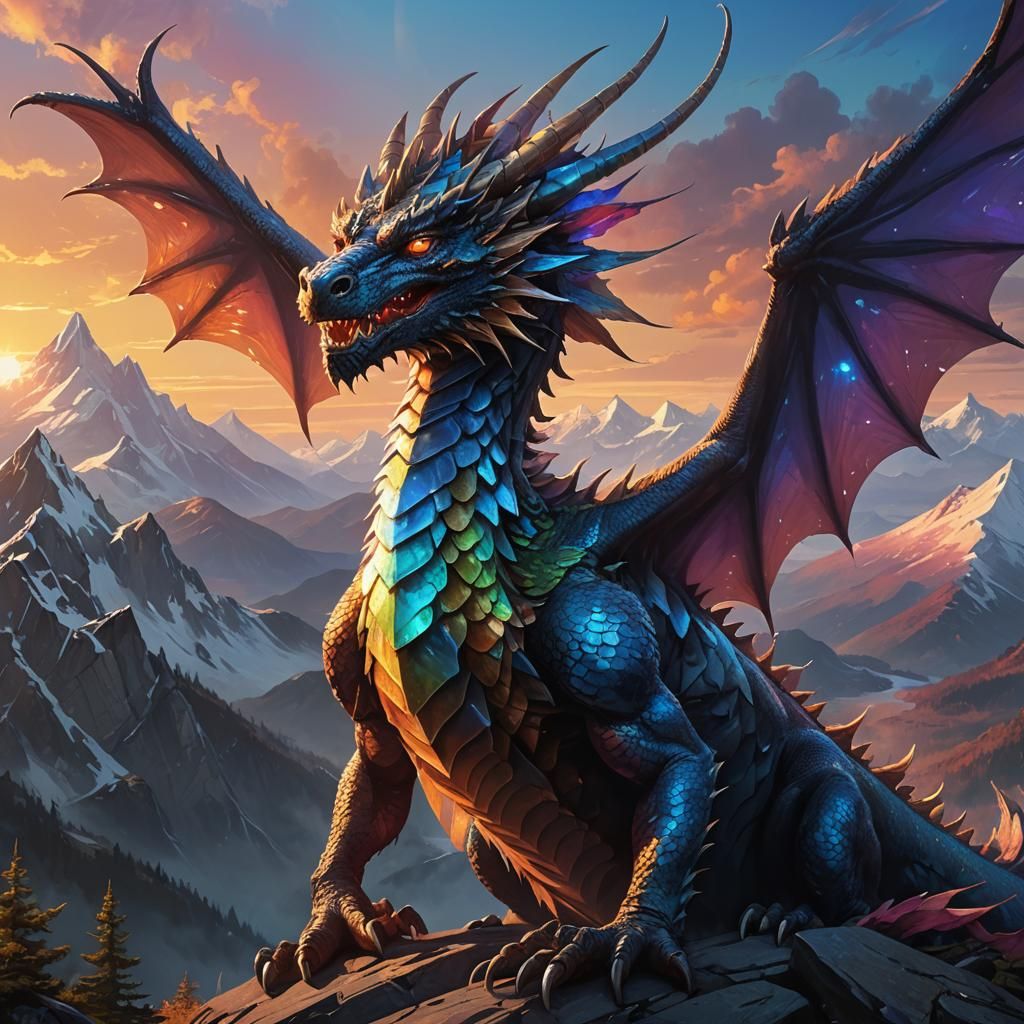 Magnificent Dragon Portrait at Sunset, Fantasy Art
