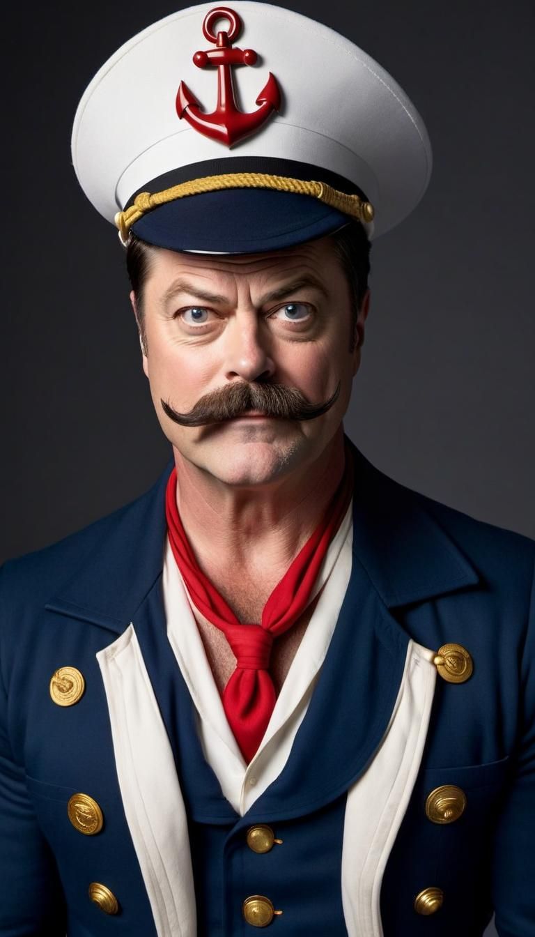 Nick Offerman with a robust mustache, dressed as a classic c...