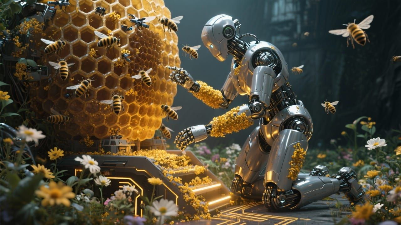 Giant Robot and Beehive in Neon Meadow, Photorealistic Style