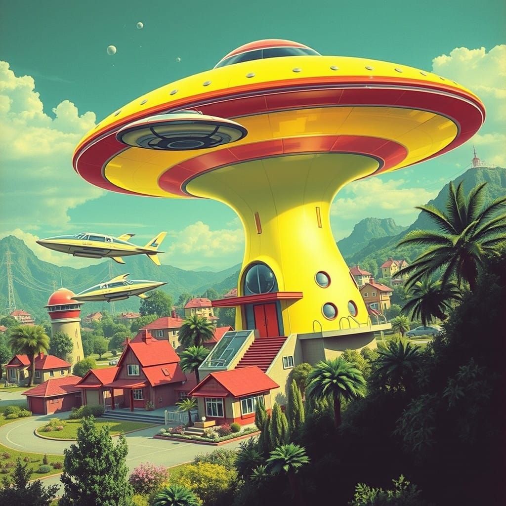 Futuristic Suburbia in Neon Hues, Nuclear Powered Saucer Hom...