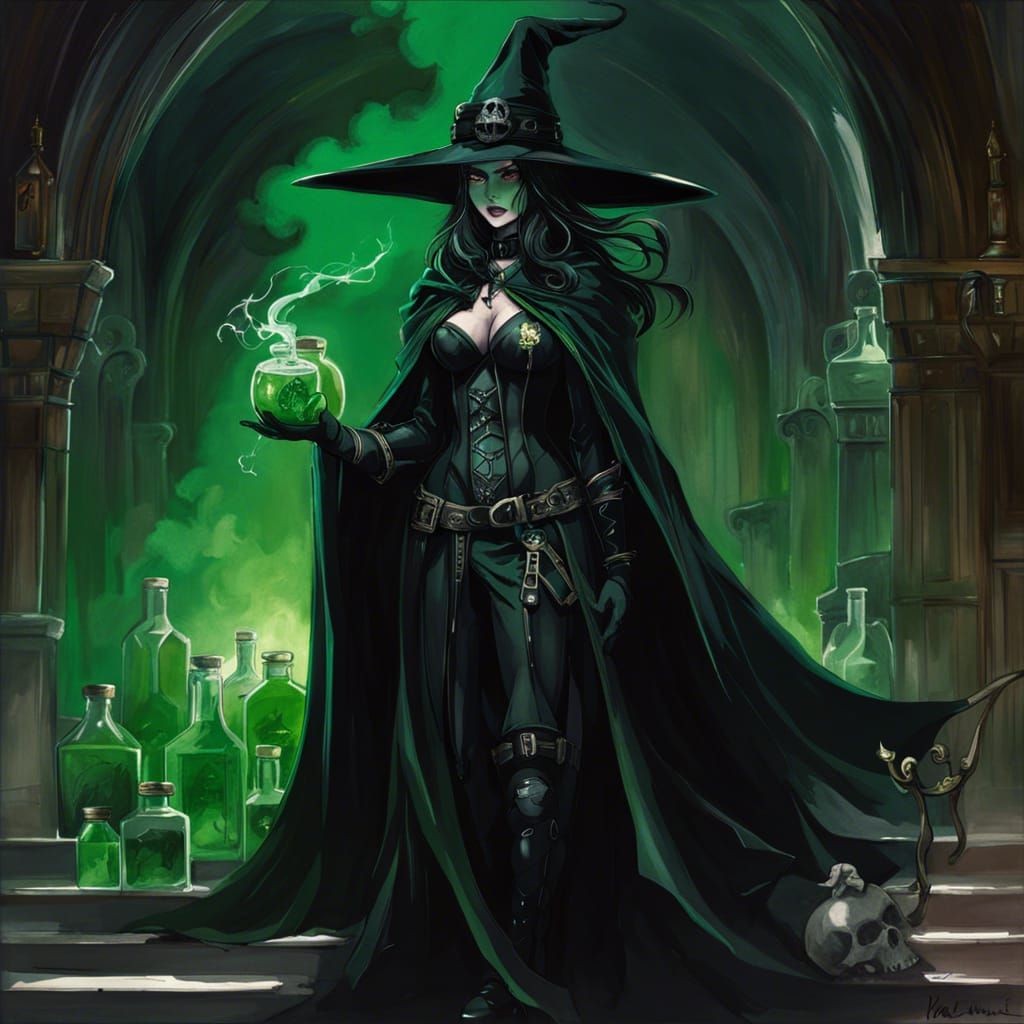 Poison Witch in Dark Hallway, Detailed Digital Art