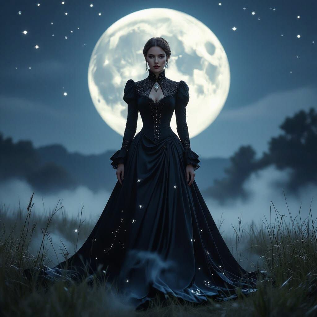 Victorian Night Guardian in Moonlit Meadow