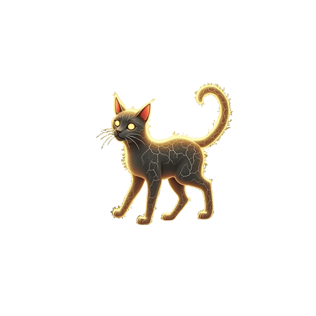 A glowing cat walking confidently through a magical, enchant...