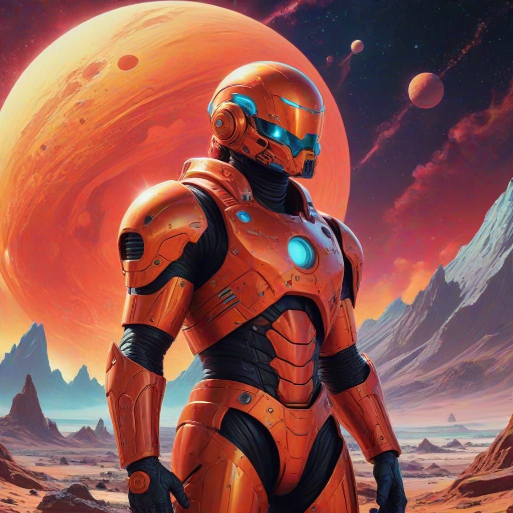 Lone Warrior Gazes at Swirling Nebula in Retro-Futuristic Ar...