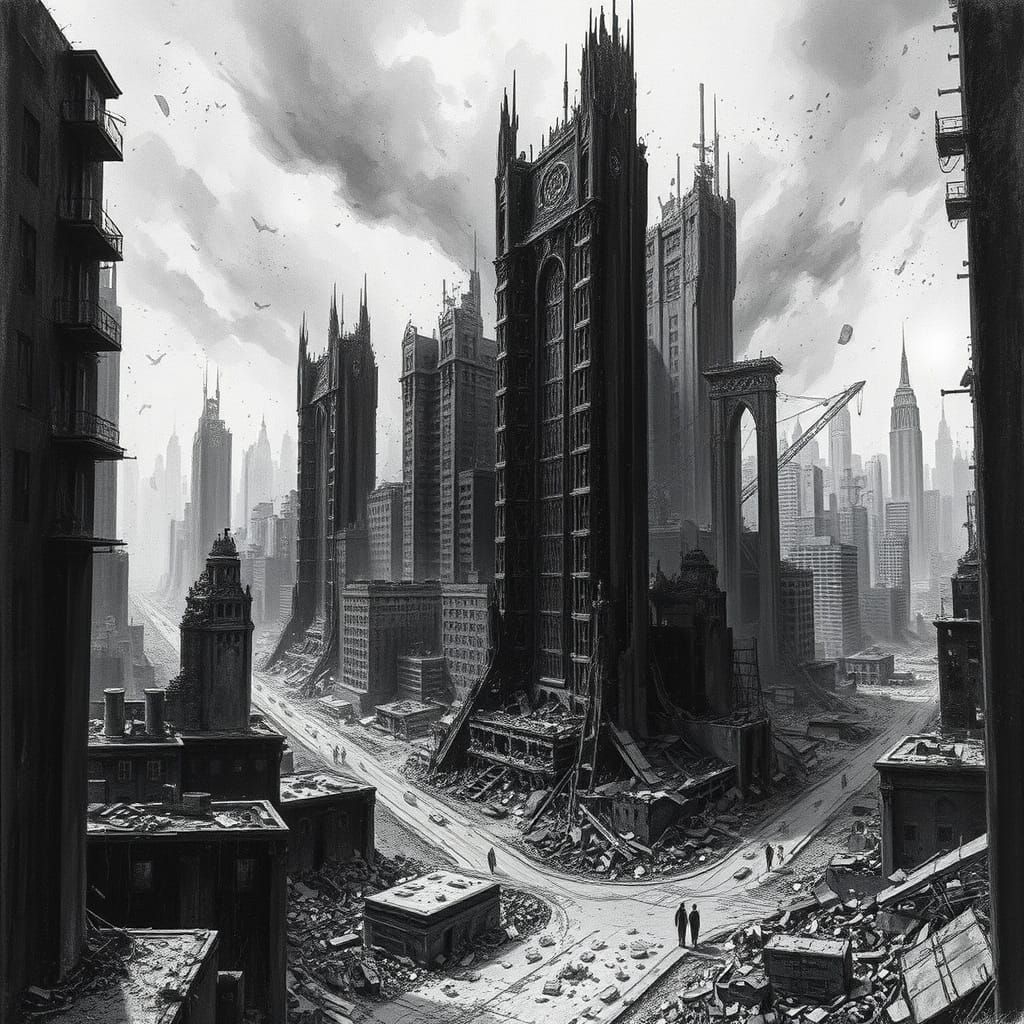 Dystopian Cityscape in Charcoal Drawing Style