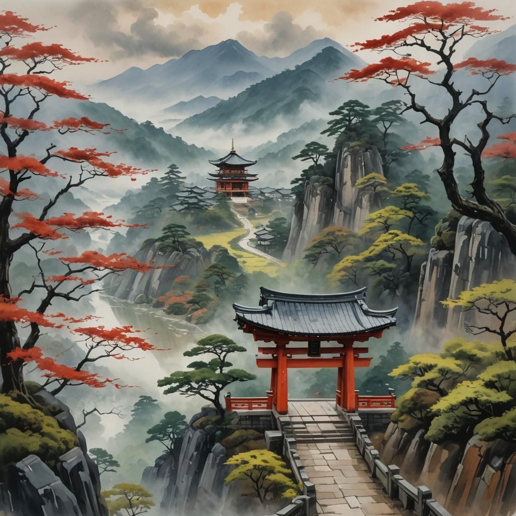 Misty Valley Shinto Temple in Gouache Style