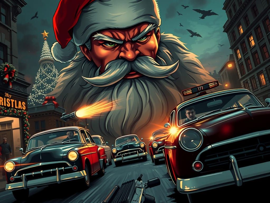 Vintage Christmas Chaos: Angry Santa Rages in 1940s Cityscap...