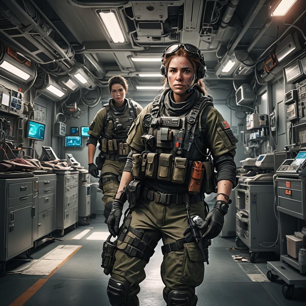 Female Combat Medic in Trauma Room: Detailed Matte Painting