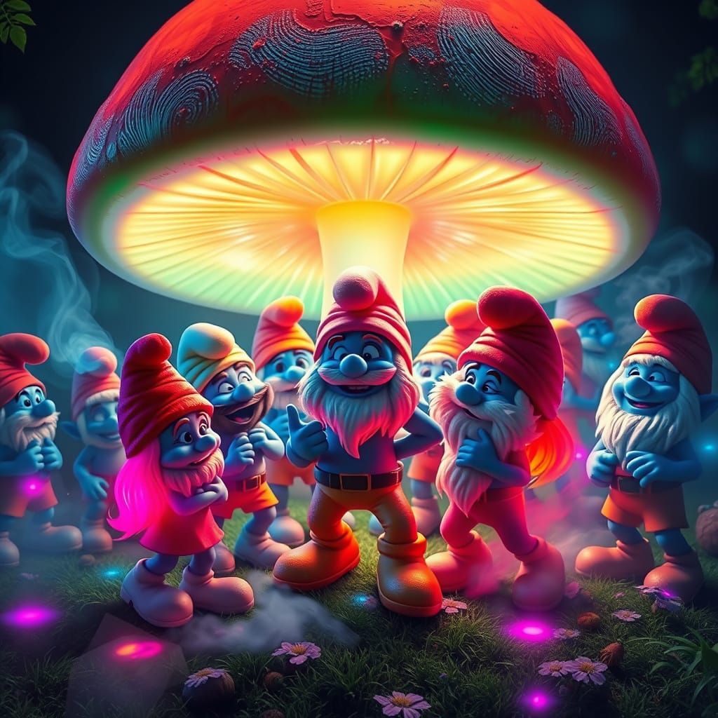 Smurfs and Gnomes Rave in Bioluminescent Mushroom