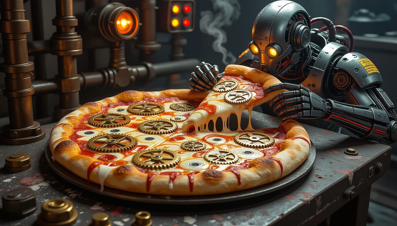 Steampunk Pizza with Gears and Acrylic Paint
