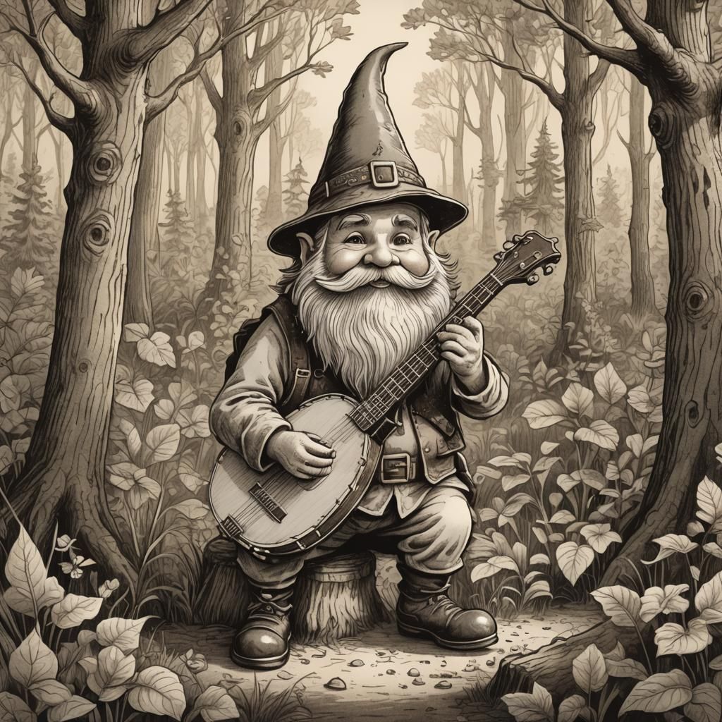 Gnome Plays Banjo in Forest Illustration