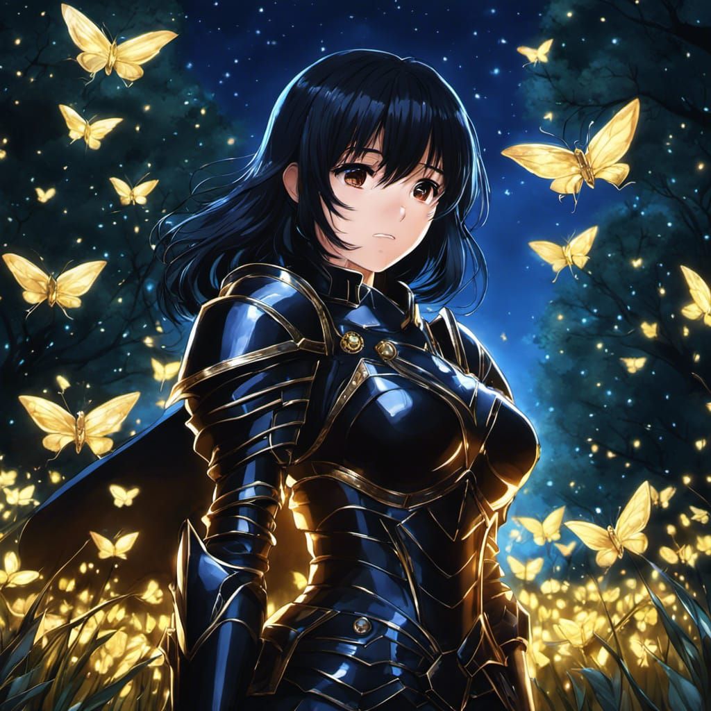 Anime Knight Surrounded by Fireflies at Night