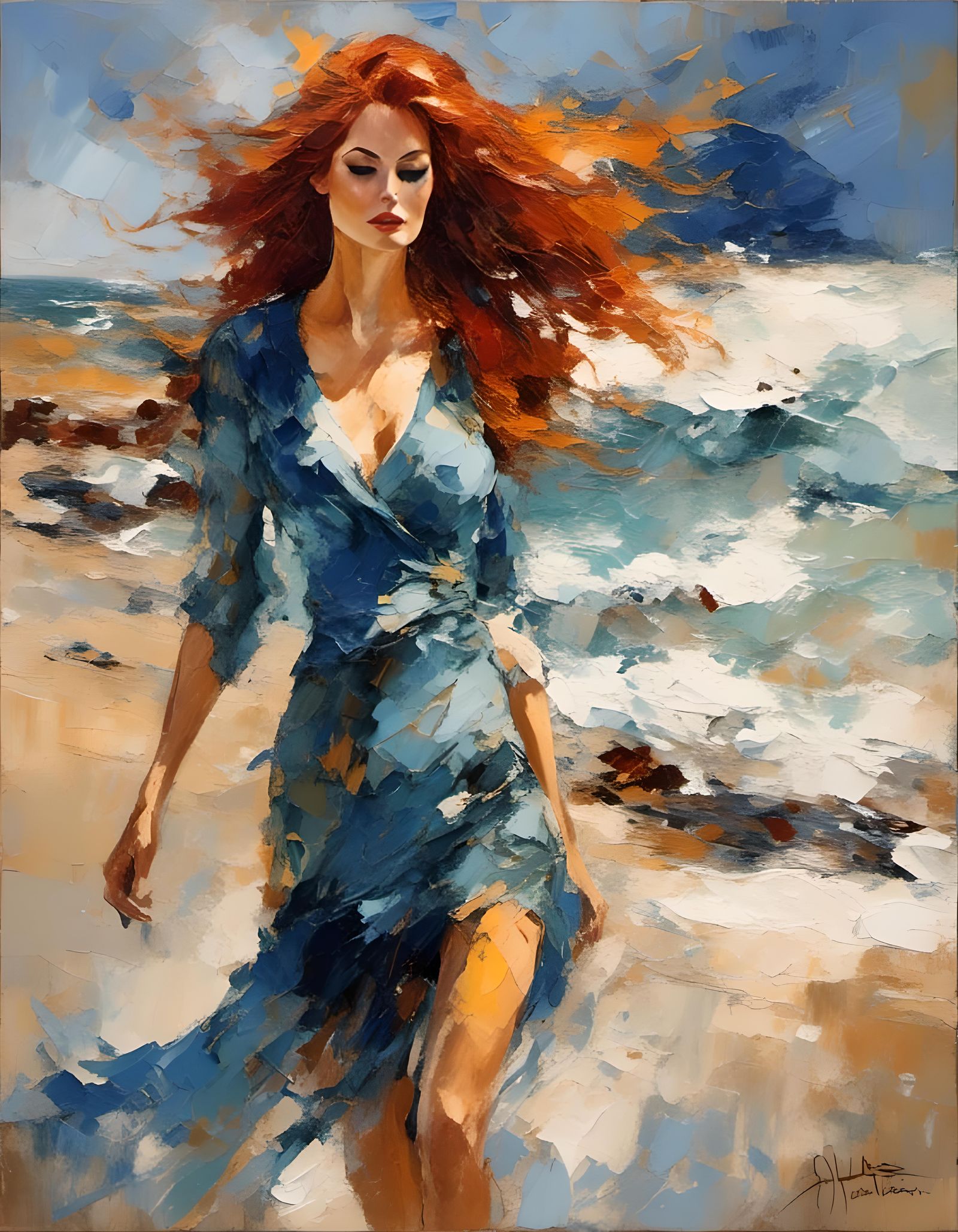 Impressionist Woman on Beach with Flowing Red Hair