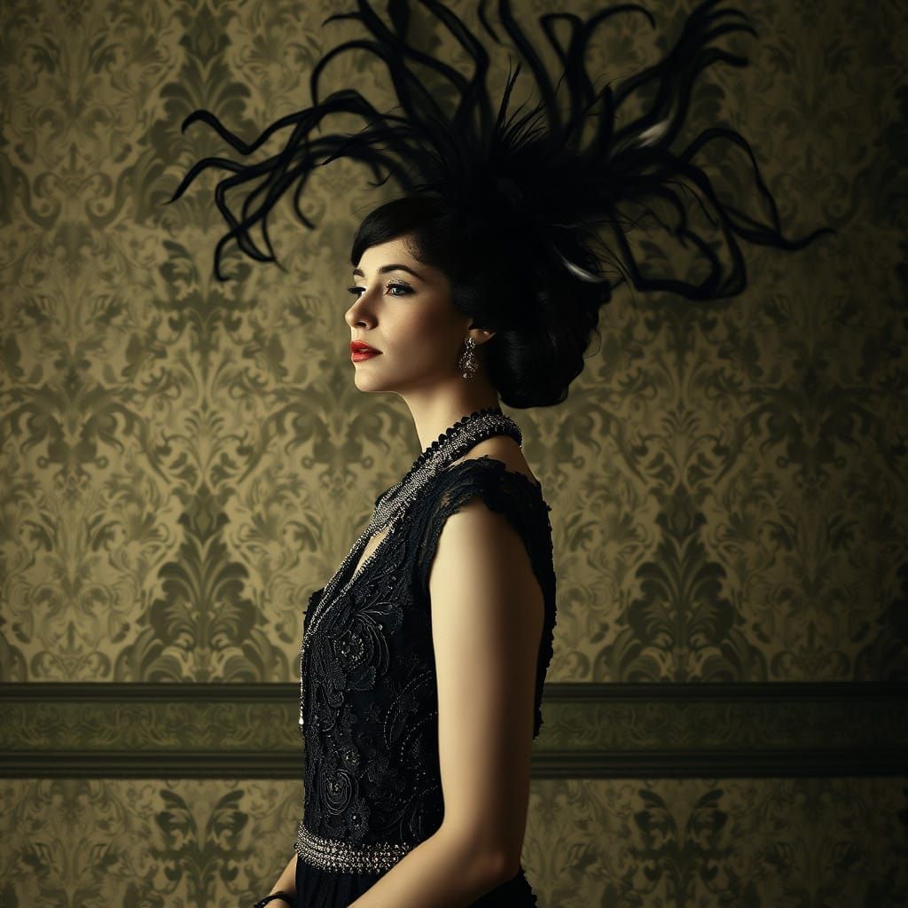 Haughty Woman Surrounded by Twisting Shadows in 1920s Elegan...