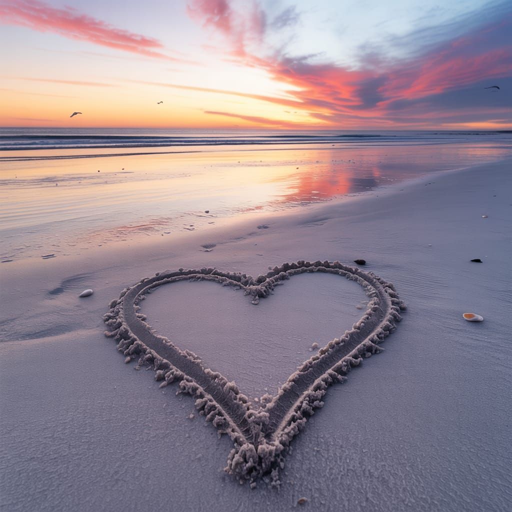 Heart Sand Sculpture on Serene Beach at Sunset