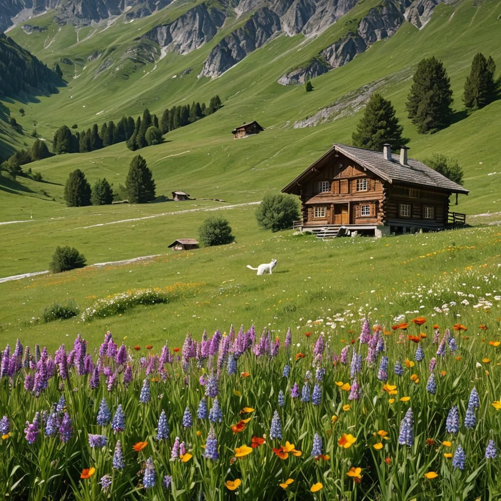 Alpine Chalet with Cats in Summer Meadow