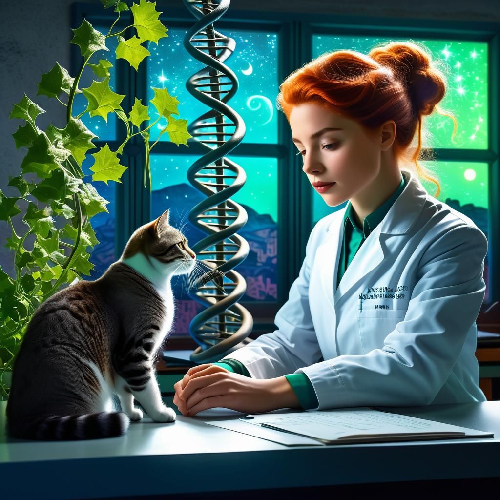 Scientist and Cat in Lab with Double Helix