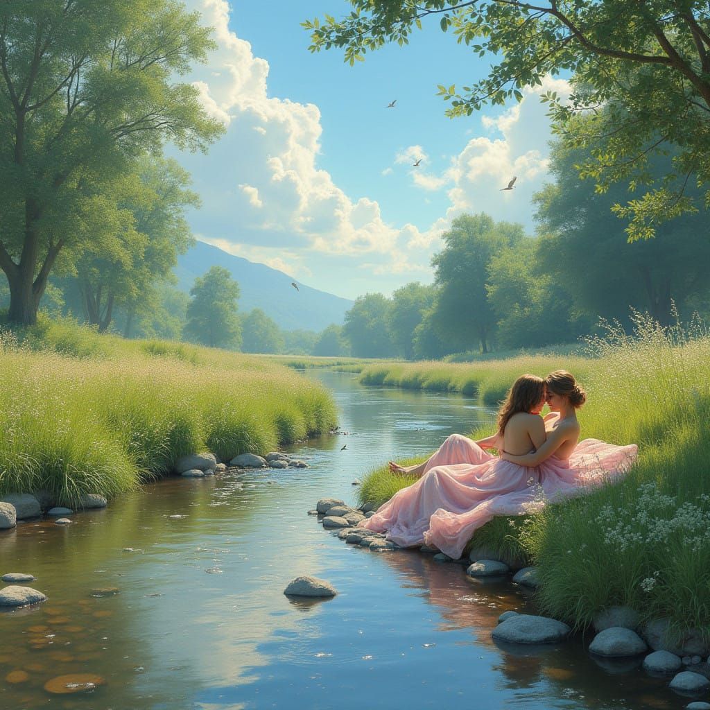 Lovers Embrace in Summer Brook: Matte Painting