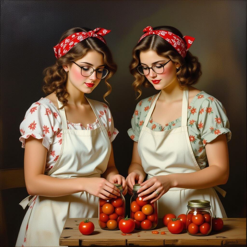 1920s Woman Canning Tomatoes with Mother, Realistic Oil Pain...