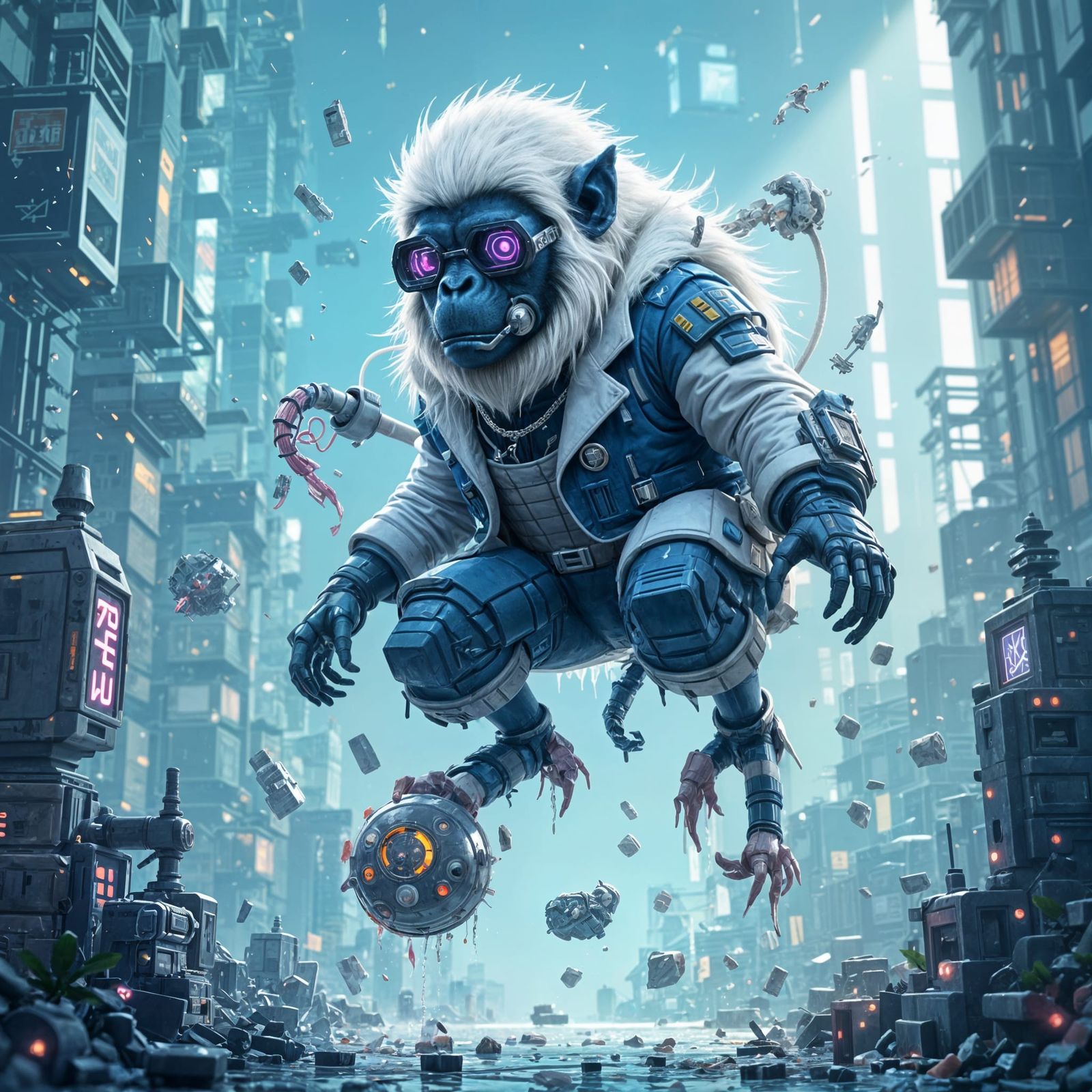 Cyberpunk Ape Hovers Serene in Weightless Pose