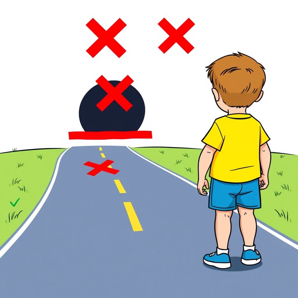 Child on Asphalt Road, Simple Cartoon Style