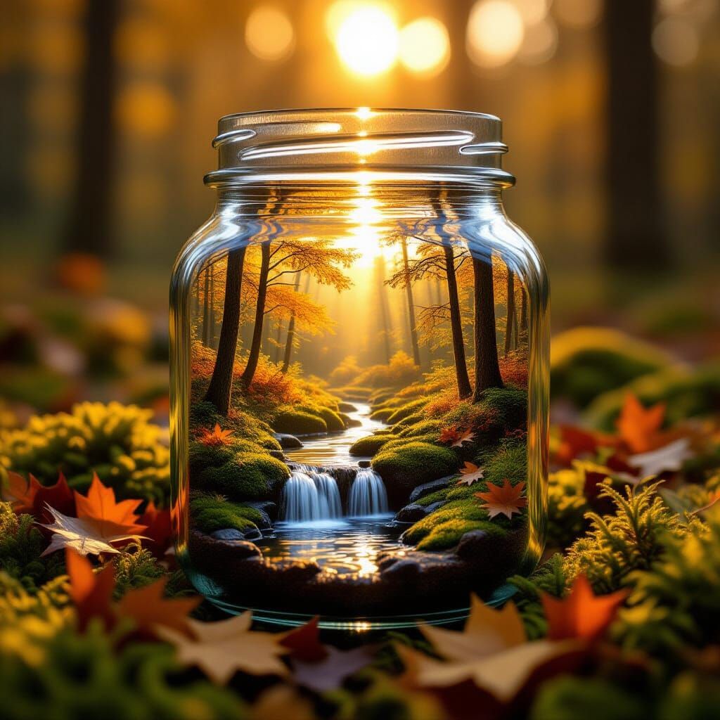 Miniature Forest Ecosystem in a Jar with Golden Hour Light