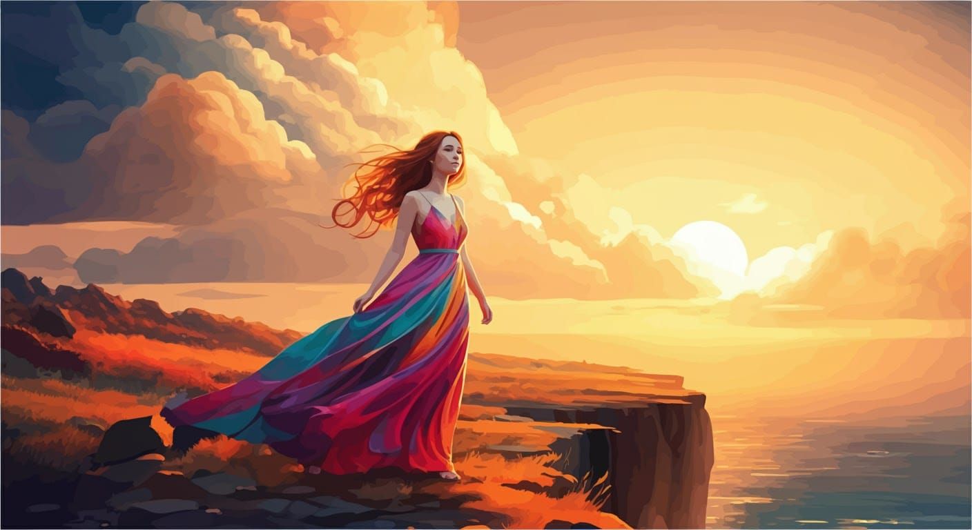 Ethereal Woman on Windswept Cliff at Golden Hour