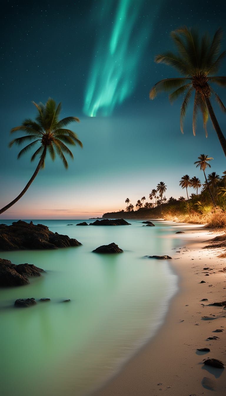 Ethereal Bioluminescent Beach Scene in Cinematic Style
