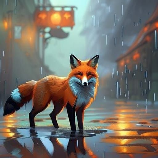Fox in Rainy Fantasy Landscape