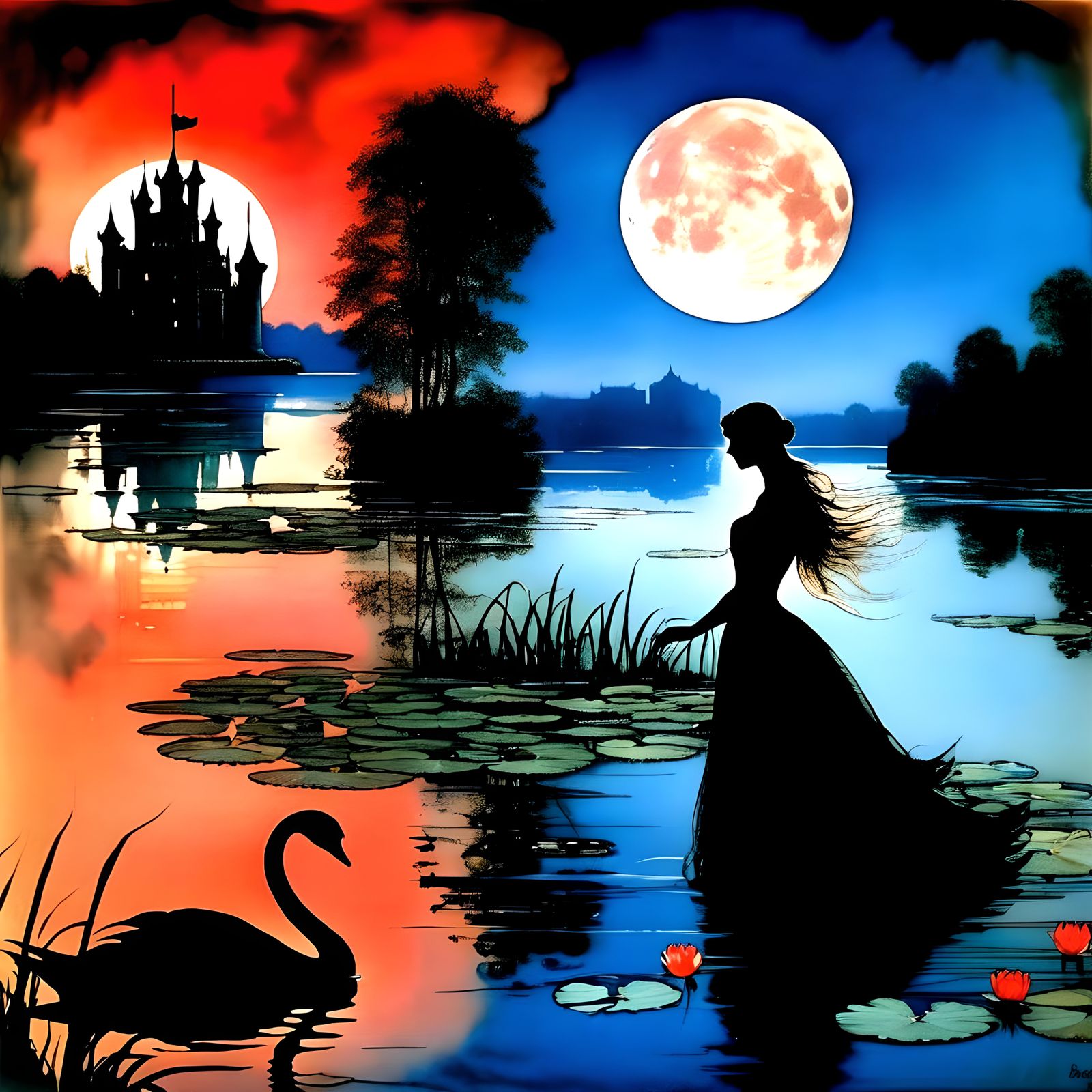 Swan lake, black swan, lake, water lillies, moon, castle🔴🟣...