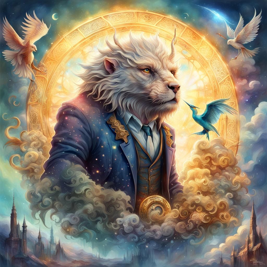 Fantastic beast creature with bright sun with sun rays surro...