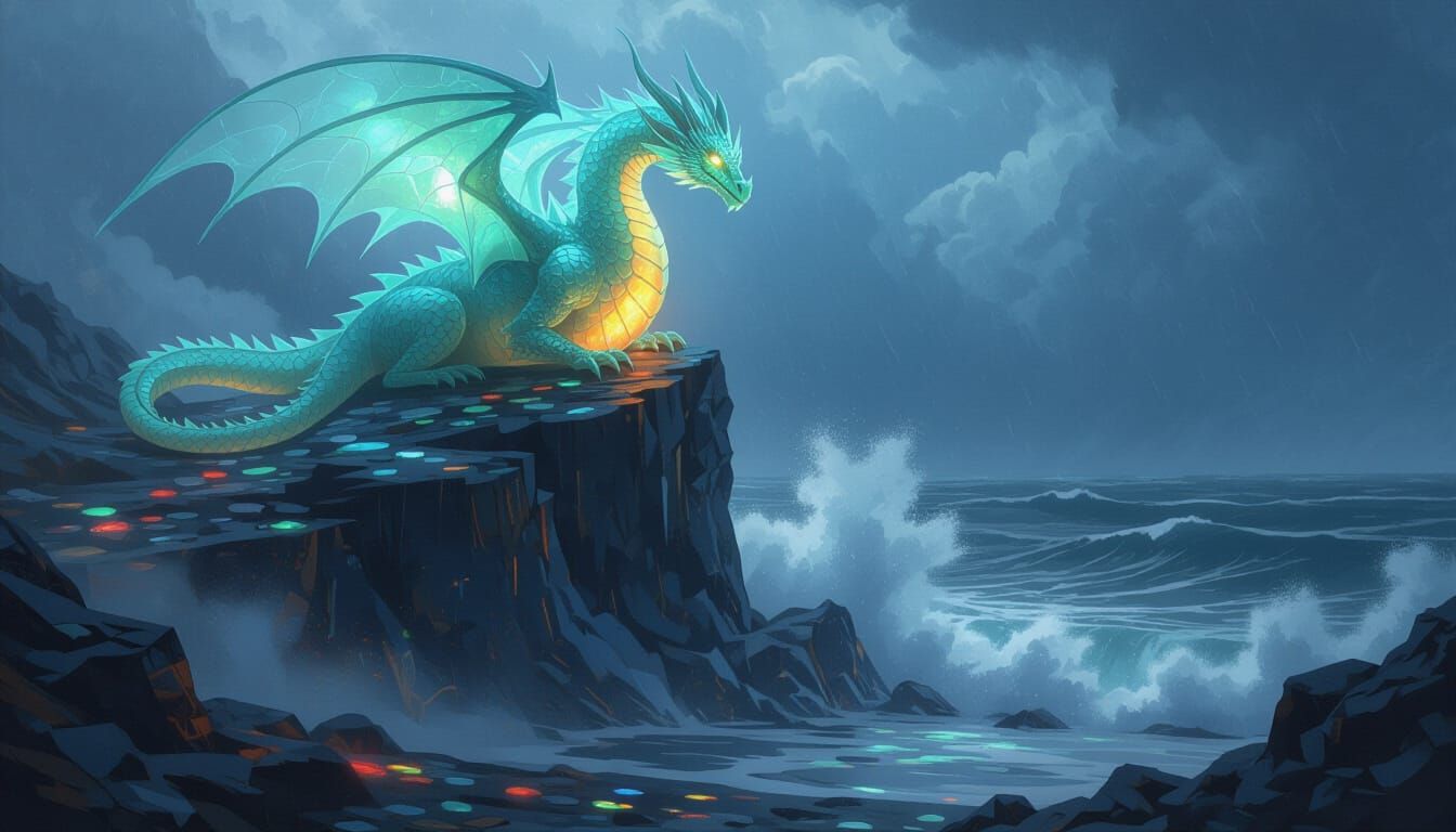 Sea Glass Dragon on Stormy Cliff Overlooking Dark Sea
