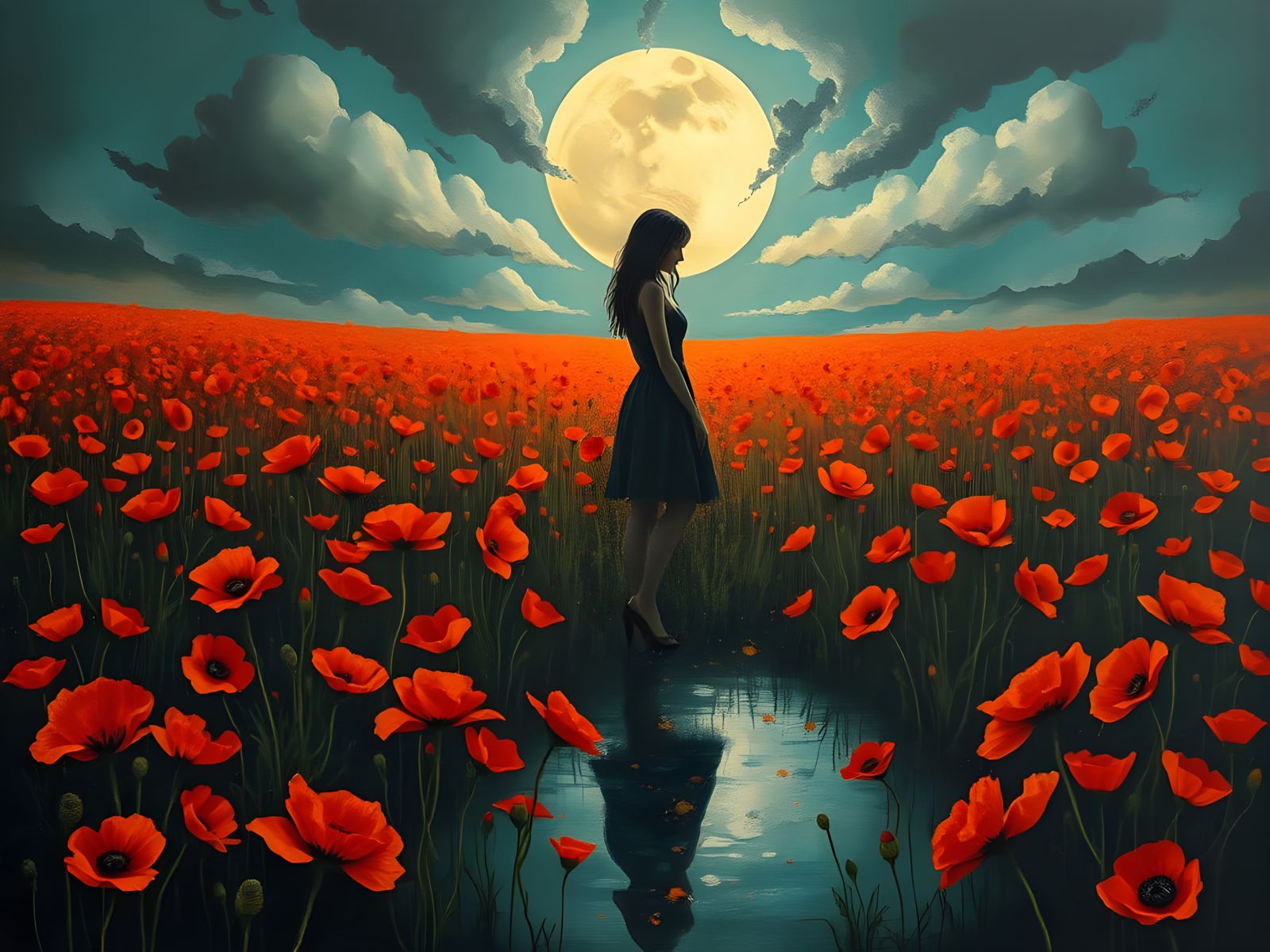 Woman Amidst a Dreamlike Poppies Landscape