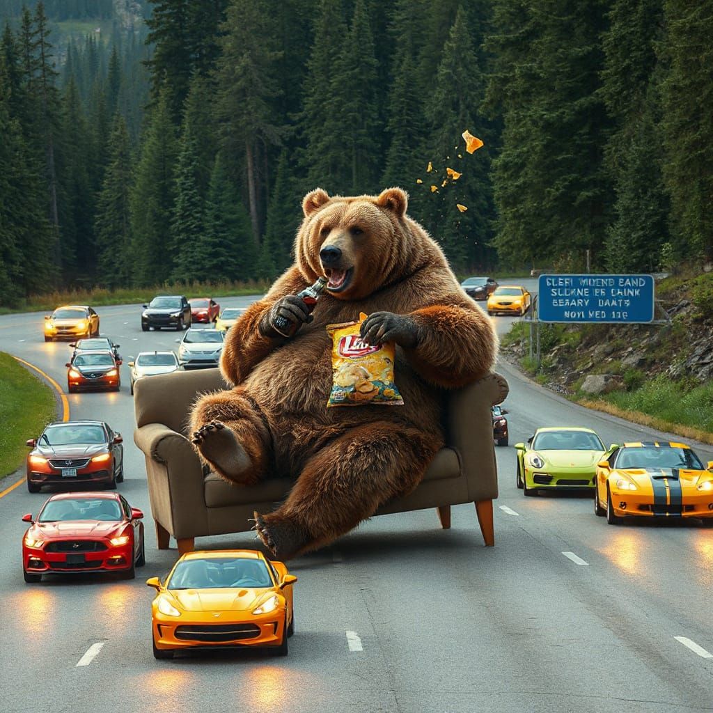 Grizzly Bear Lounging on Diagonal Sofa Amidst Colorful Cars