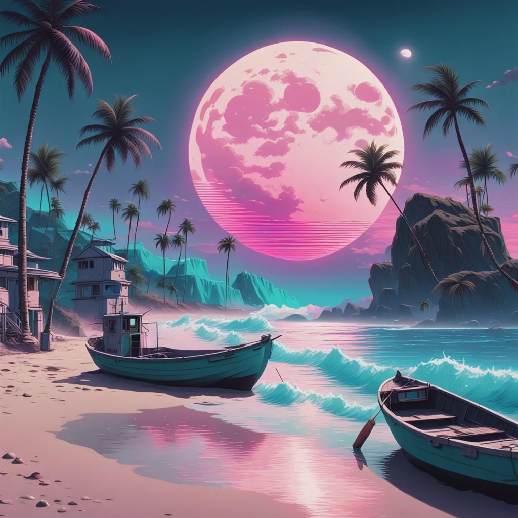 Vaporwave Beach Scene with Retro Fishing Boats