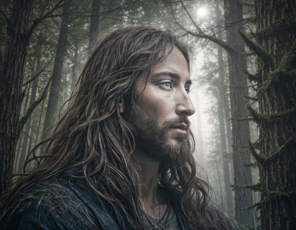 Luminous Jesus in Dark Forest Night