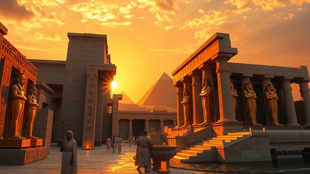 Egyptian Temple Sunset with Pharaohs and Pyramids