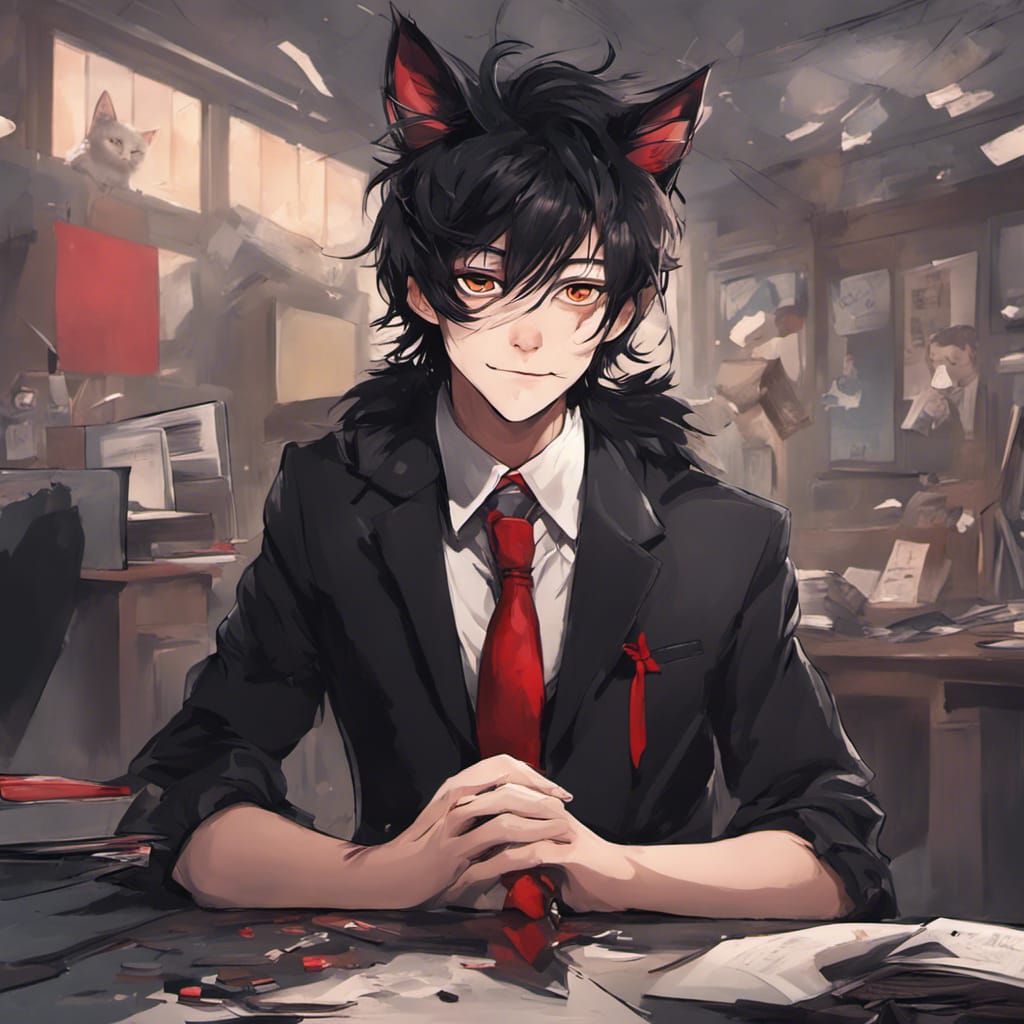 Detailed Cat Boy in Office, Fantasy Concept Art
